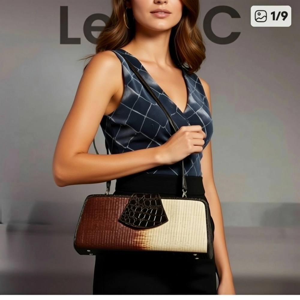 Le SAC Handmade Straw Dark Chocolate And Cream Ombre Handbag Detachable Strape